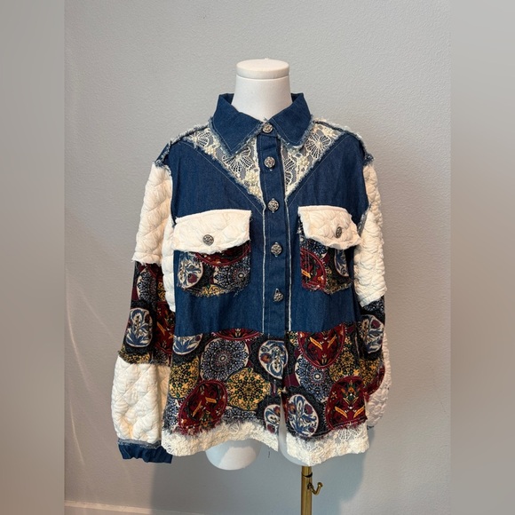 POL Jackets & Blazers - POL Denim Jacket with Lace and Patterned Accents